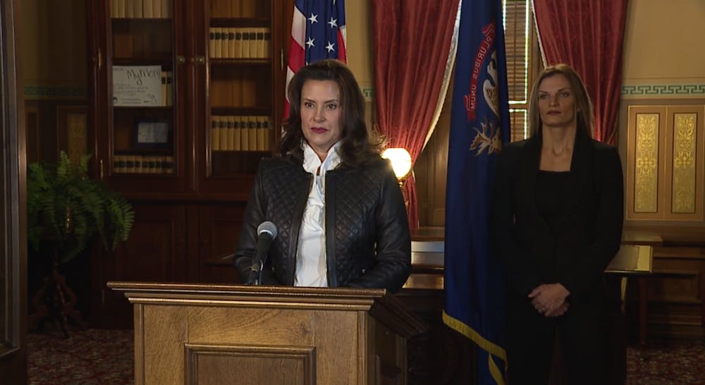 Gov. Gretchen Whitmer goes live from the Michigan Capitol on Oct. 8, 2020, to respond to the alleged conspiracy to kidnap her. 