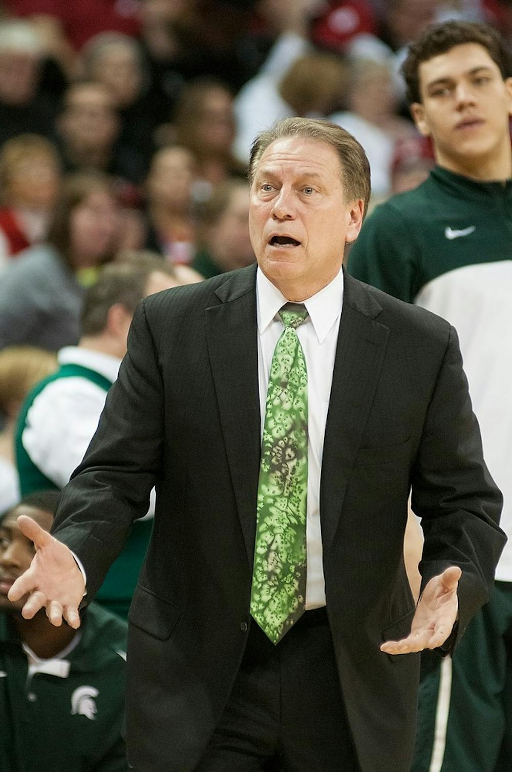 	<p>Head coach Tom Izzo reacts to a call during the game against Wisconsin on Feb. 9, 2014, at Kohl Center in Madison, Wis. The Spartans lost to the Badgers, 60-58. Danyelle Morrow/The State News</p>