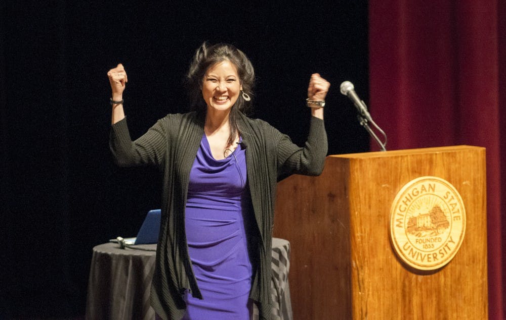 Pulitzer Prize winner Sheryl WuDunn speaks to audience on Jan. 23, 2017 at the Wharton Center. WuDunn is the first Asian-American reporter to win a Pulitzer Prize. 