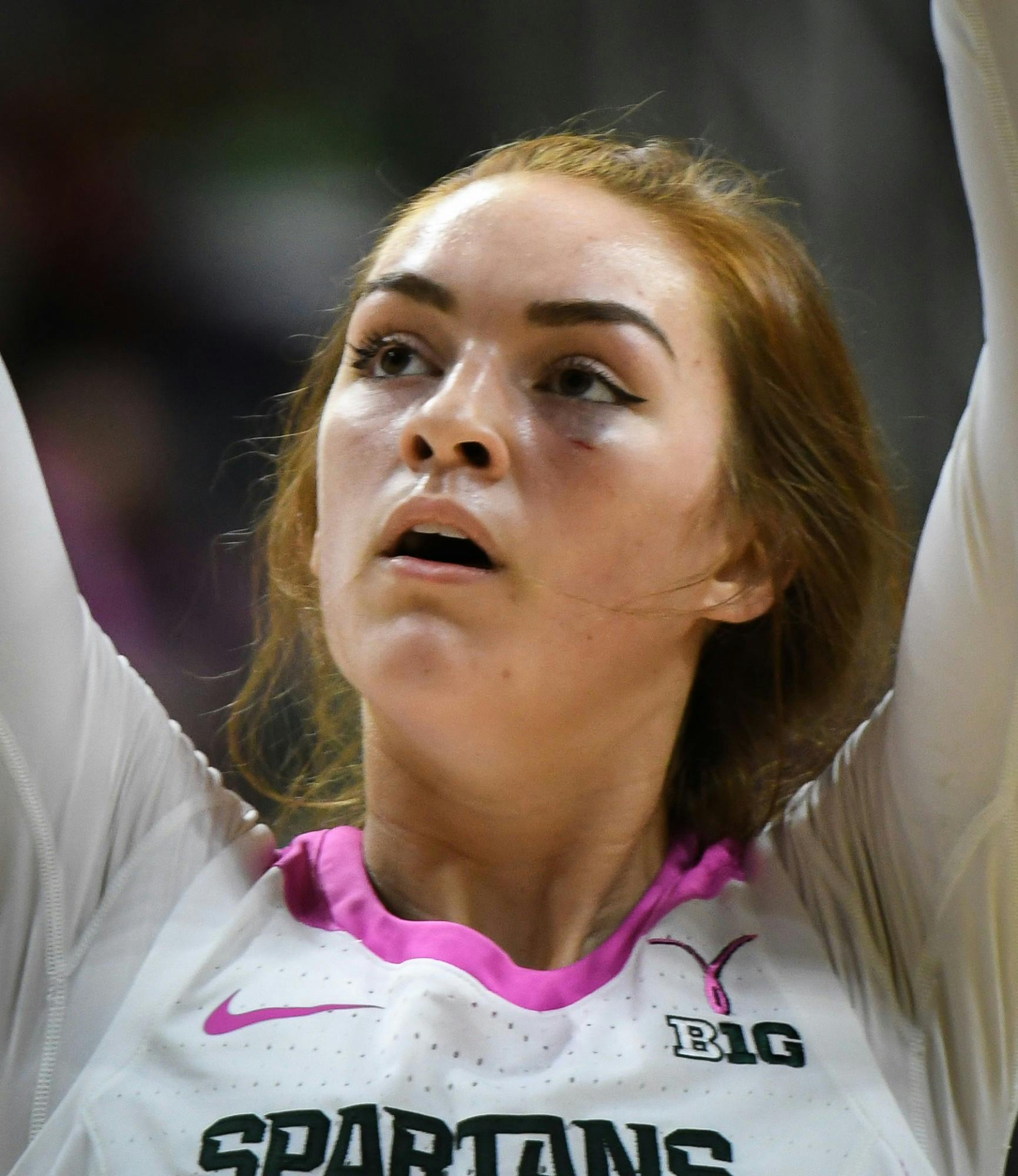 Senior guard Taryn McCutcheon (4) suffers an eye injury during the women's basketball game against Michigan at the Breslin Center on February 23, 2020. The Spartans fell to the Wolverines 65-57. 