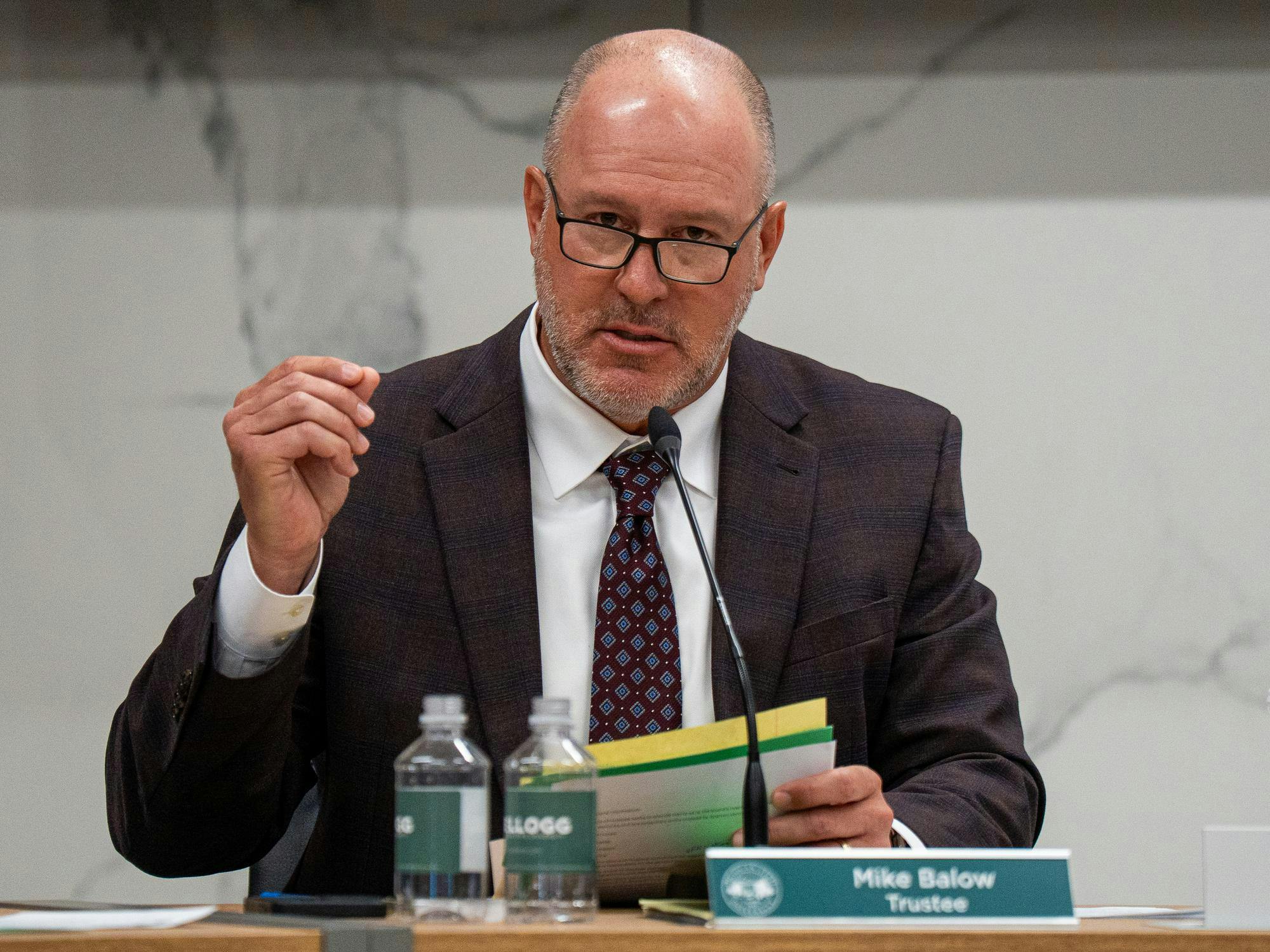 <p>Michigan State University Trustee Mike Balow addresses the board at Hannah Administration Building in East Lansing, Michigan on Friday, April 10, 2026.</p>