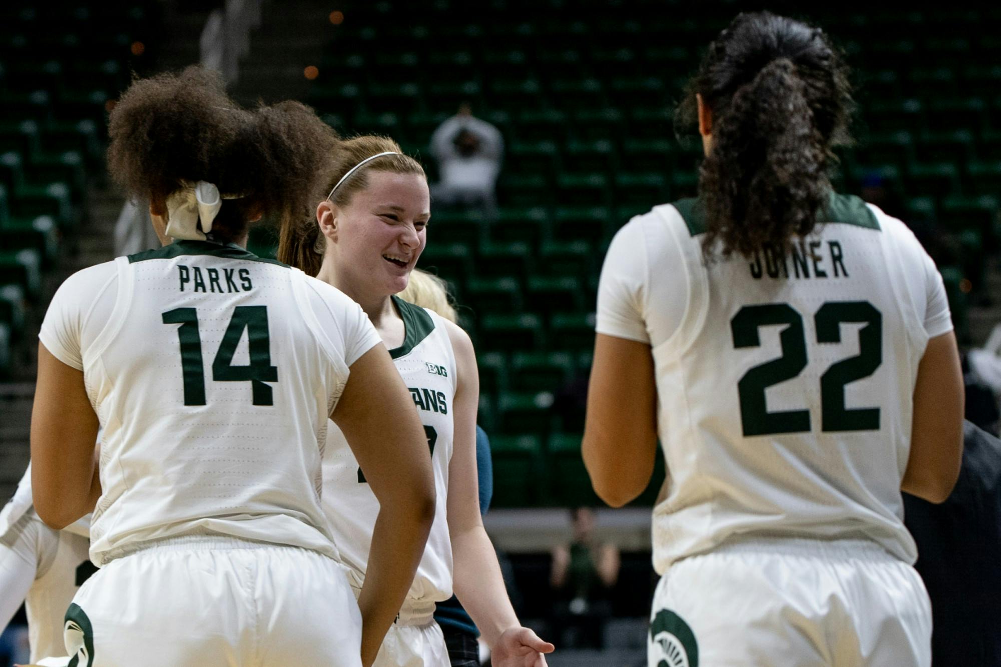 <p>Then-freshman guard Julia Ayrault (40) celebrates with the bench during the game against Oakland on Nov. 19, 2019, at Breslin Center. The Spartans defeated the Golden Grizzlies, 76-56.</p>
