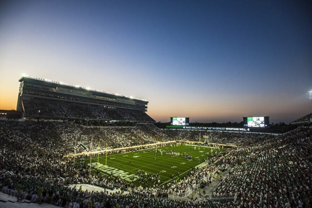 <p>The view of "Stripe the Stadium" as the Spartans warm up before the game Notre Dame on Sept. 23, 2017 at Spartan Stadium. The Spartans fell to the Fighting Irish, 38-18.&nbsp;</p>