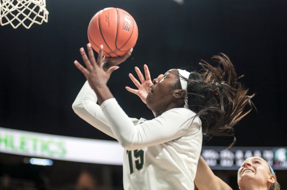 Freshman forward Victoria Gaines (15) attempts a shot during an exhibition game against Northwood University on Nov. 6, 2016 at the Breslin Center. The Spartans defeated the Timberwolves 82-47. 