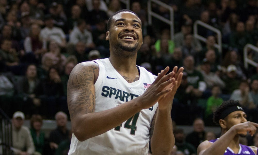 Junior forward Nick Ward (44) claps at a call by the referee during the game against Northwestern University at Breslin Center on Jan. 2, 2019. The Spartans led the Wildcats, 52-32 at the half.