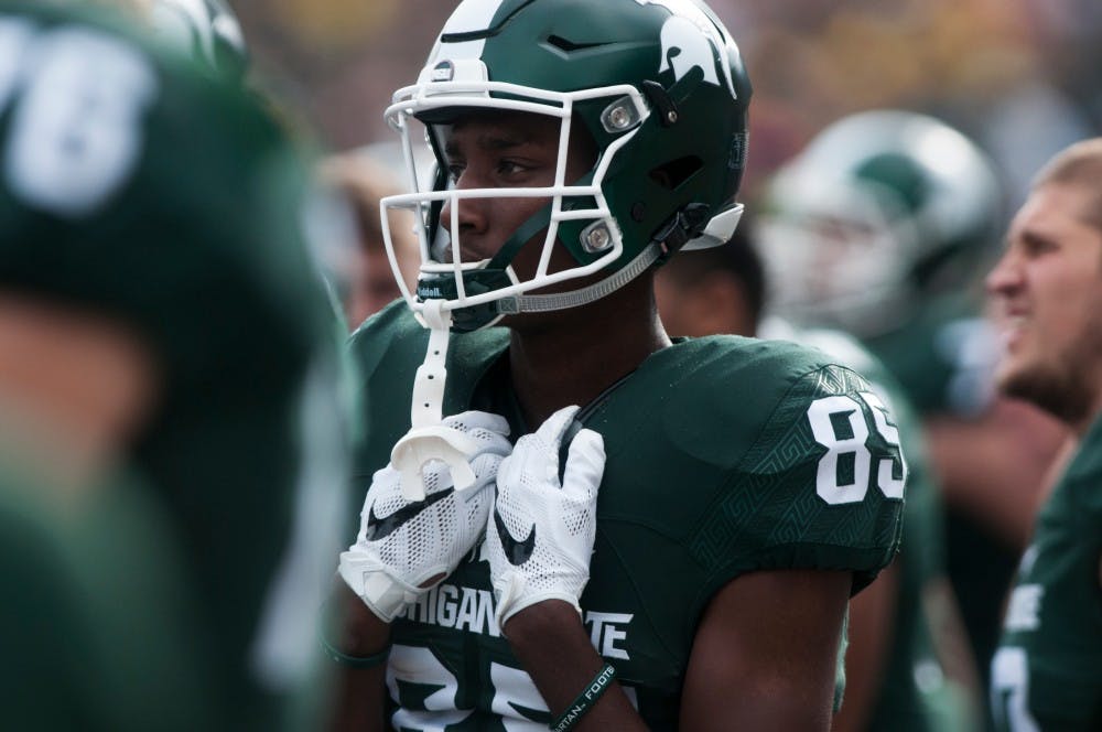 Freshman wide receiver Khylin Barton (85) watches the game against Michigan on Oct. 29, 2016 at Spartan Stadium. The Spartans were defeated by the Wolverines, 32-23.