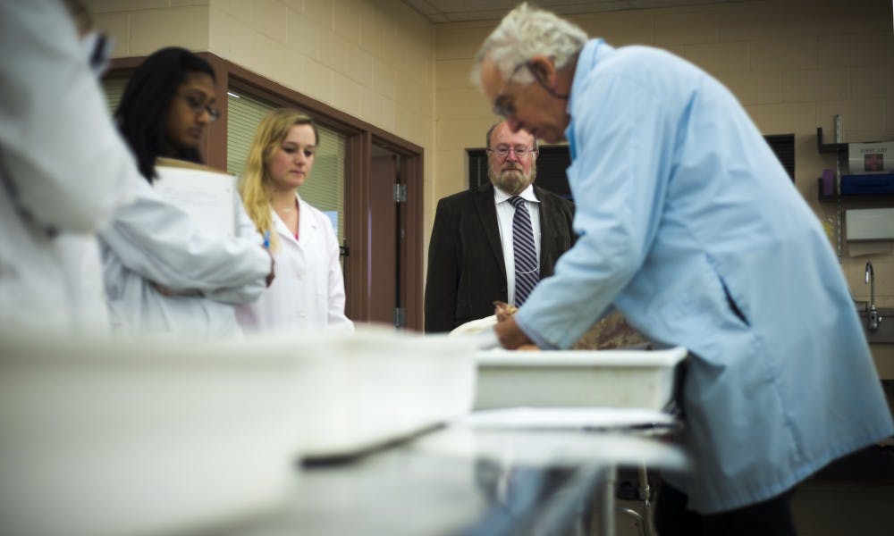 Dean of Veterinary Medicine John Baker sits in on an anatomy lab on April 5, 2017 at Veterinary Medical Center on Wilson Road. The MSU College of Veterinary Medicine is ranked no. 1 in the nation.