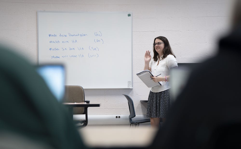 Teaching assistant and German studies masters Olivia Guy lectures her GRM 201 class on Thursday, March 30, 2023. Like other TA’s, Guy struggled with returning to the classroom after the shooting on MSU’s campus on Monday, February 13, 2023. 