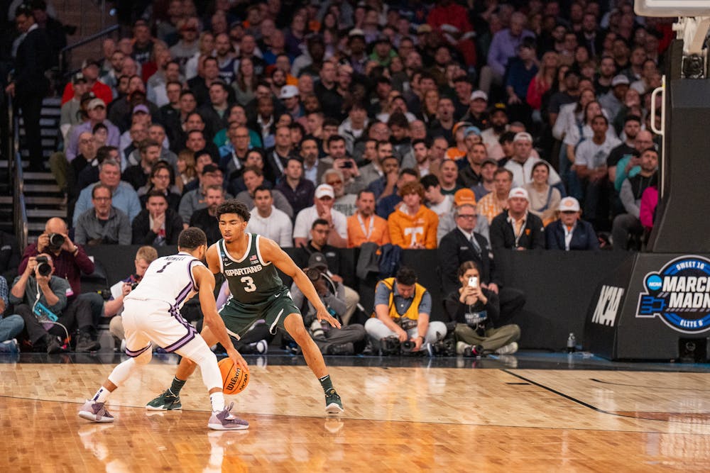 Senior guard Markquis Nowell dribbles the ball during the Spartans' Sweet Sixteen matchup with Kansas State at Madison Square Garden on Mar. 23, 2023. The Spartans lost to the Wildcats 98-93 in overtime.