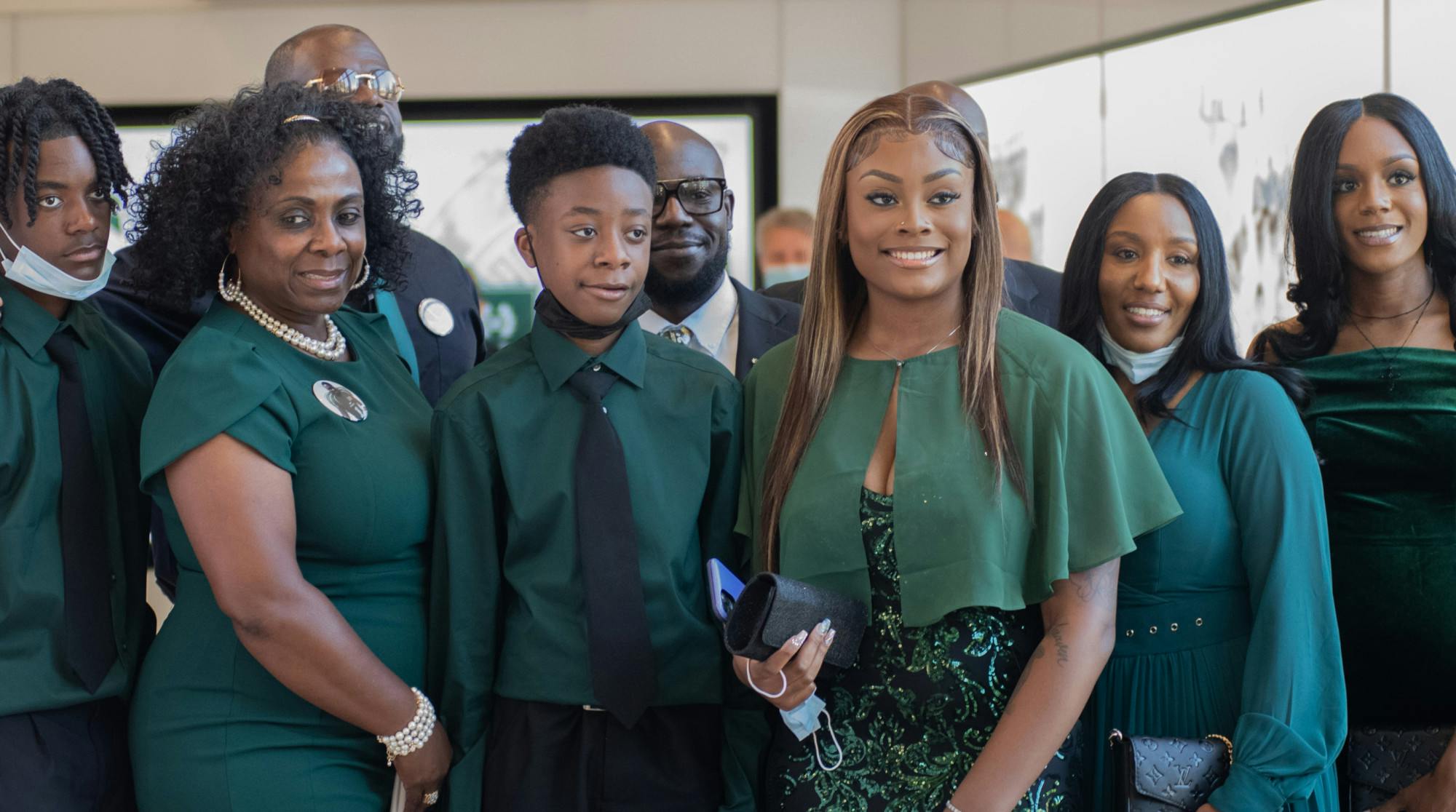 <p>Charles Rogers&#x27; family poses for a picture after revealing his hall of fame plaque at Clara Bell Smith Center on Sept. 24, 2021.</p>