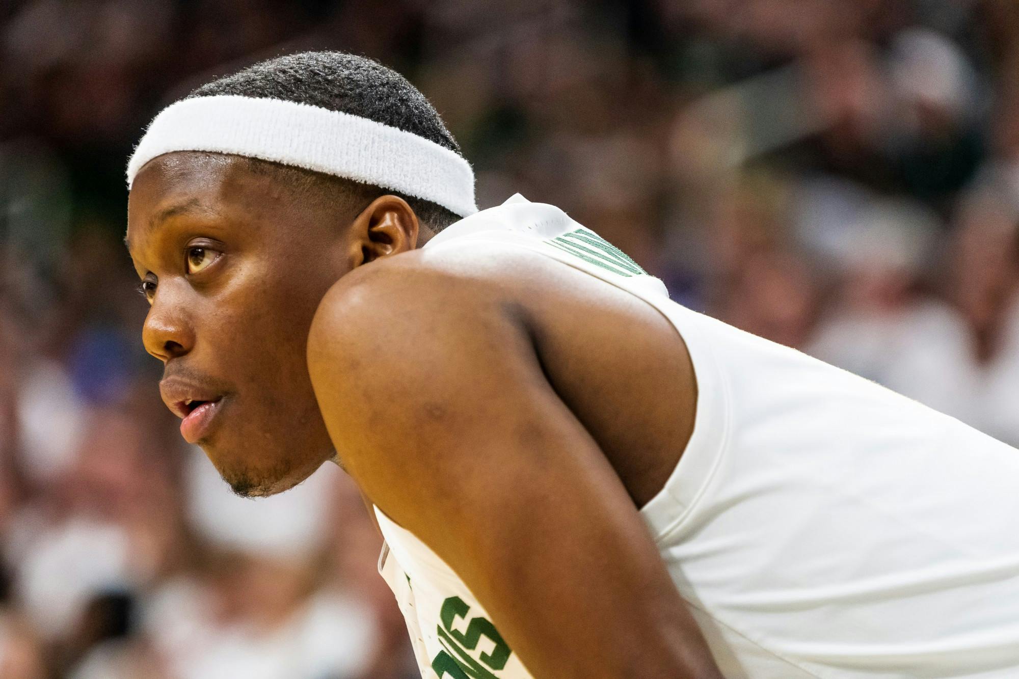 Senior guard Cassius Winston looks on against Albion College. The Spartans defeated the Britons, 85-50, at half at the Breslin Student Events Center on October 29, 2019. 