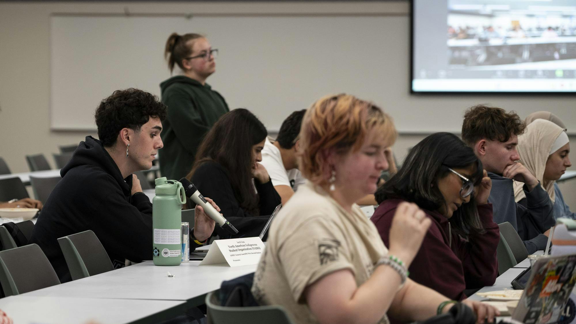 <p>Jacob Doss seconds the motion for the bill 62-20 during the ASMSU meeting at the International Center on Sep. 25, 2025.</p>