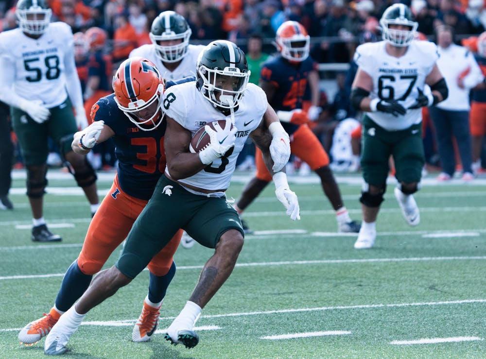 <p>Redshirt sophomore running back Jalen Berger (8) catches the ball during the second half of a game against University of Illinois at Memorial Stadium on Nov. 5, 2022. Spartans beat the Fighting Illini with a score of 23-15. </p>