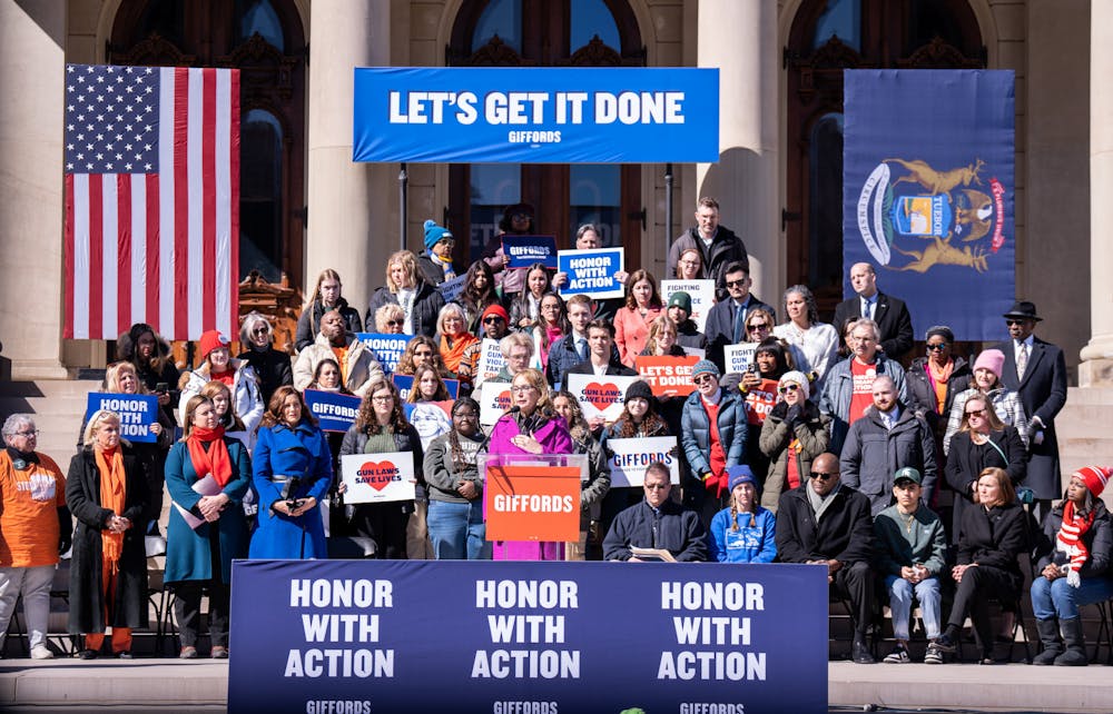 <p>Gabby Giffords, a former Arizona U.S. representative, speaks out at the gun rally at the Michigan State Capitol on March 15, 2023.</p>