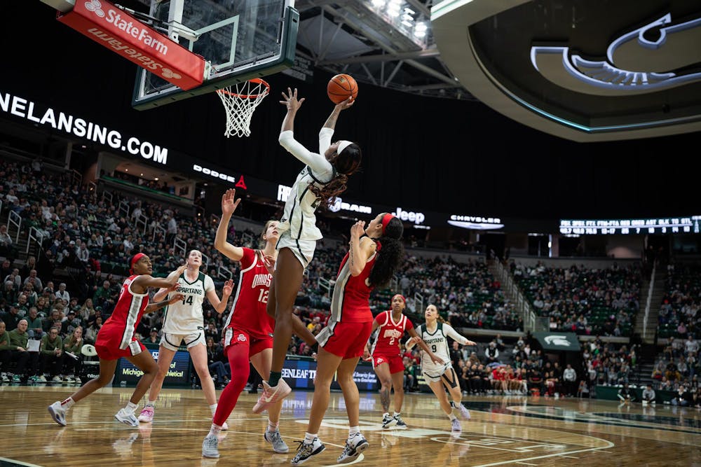 <p>Jalyn Brown (23), senior guard for Michigan State University, goes up for a shot against Ohio State University during a women's basketball game at the Breslin Center in East Lansing, Michigan, on Sunday, March 1, 2026.</p>