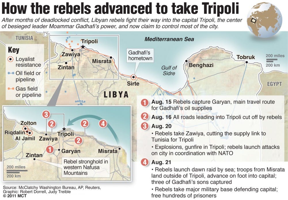 	<p>Map of Libya summarizes how Libyan rebels advanced to take Tripoli, the country&#8217;s capital.</p>