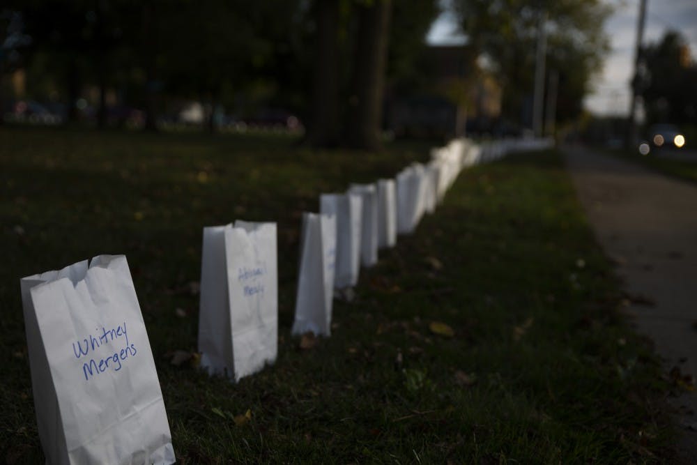 POSSE lit 505 luminaries signifying the known survivors Larry Nassar on Oct. 10, 2019 at the East Lansing Public Library.