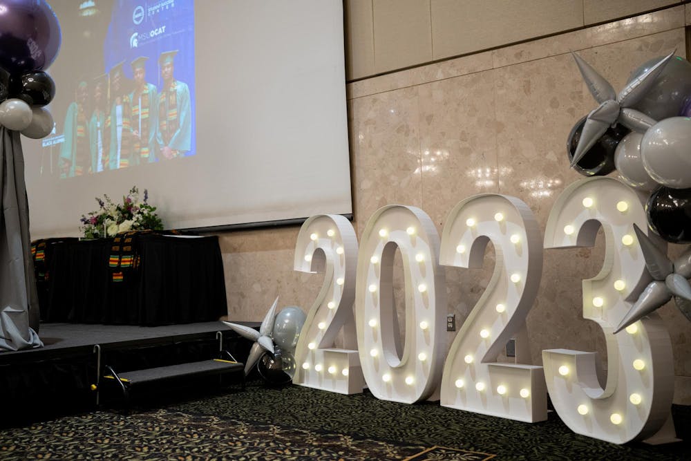 The lit up 2023 numbers by the stage at the Fall 2023 Black Grad event at the Union Ballroom on Dec. 8, 2023. 