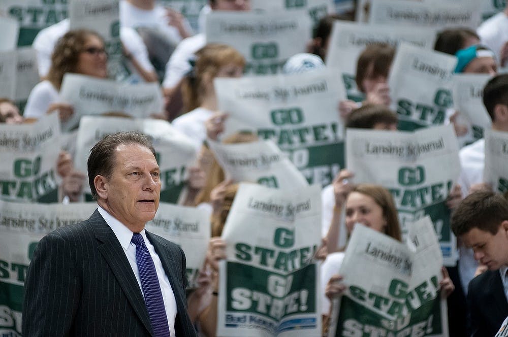 	<p>Men&#8217;s basketball head coach Tom Izzo looks at his players on the court during the start of the game against Nicholls State on Dec. 1, 2012, at Breslin Center. The Spartans beat the Colonels 84-39. Natalie Kolb/The State News</p>