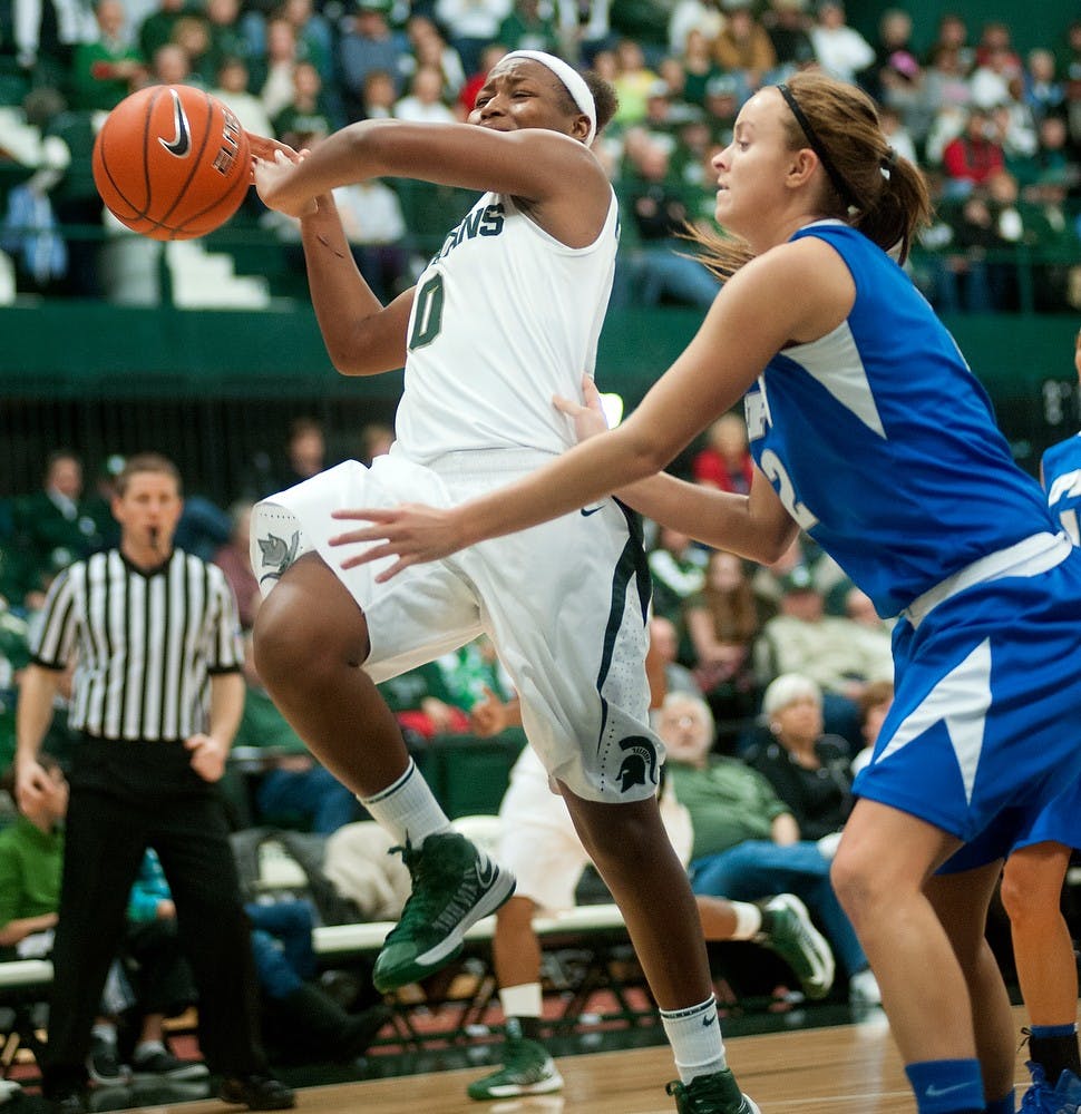 	<p><span class="caps">IPFW</span> guard Rachel Mauk pushes sophomore guard Kiana Johnson out of bounds in the second half of the game. The Spartans defeated the Mastodons, 64-36, Sunday, Dec. 16, 2012, at Jenison Field House. Justin Wan/The State News</p>