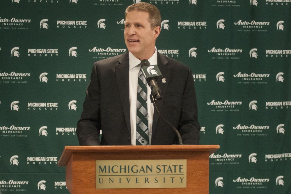 <p>New MSU Hockey Head Coach Danton Cole speaks during a press conference on April, 11, 2017 at Munn Ice Arena. Cole is a former MSU athlete and said "it's good to be coming back home ... it was going to take a really special place for me to leave a special place."&nbsp;</p>