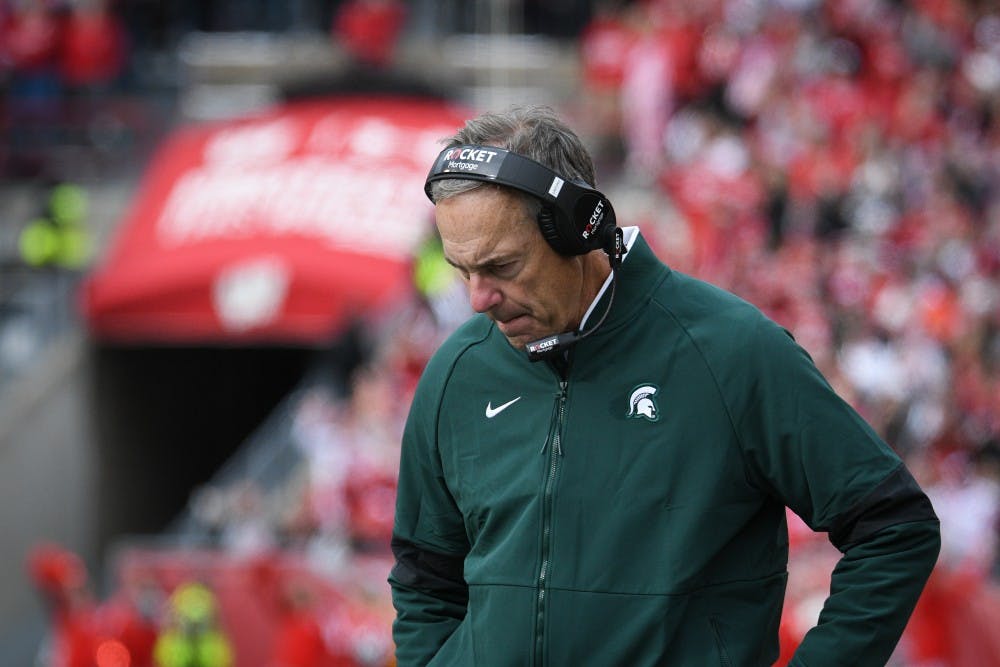 <p>MSU Head Coach Mark Dantonio during the game against Wisconsin on Oct. 12, 2019 at Camp Randall Stadium. The Spartans lost to the Badgers, 38-0. </p>