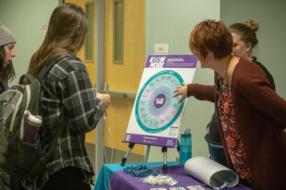 A student talks with Prevention Outreach and Education members of MSU at the “Understanding the Trauma of Sexual Assault and Supporting Survivors" discussion on Oct. 29, 2018.