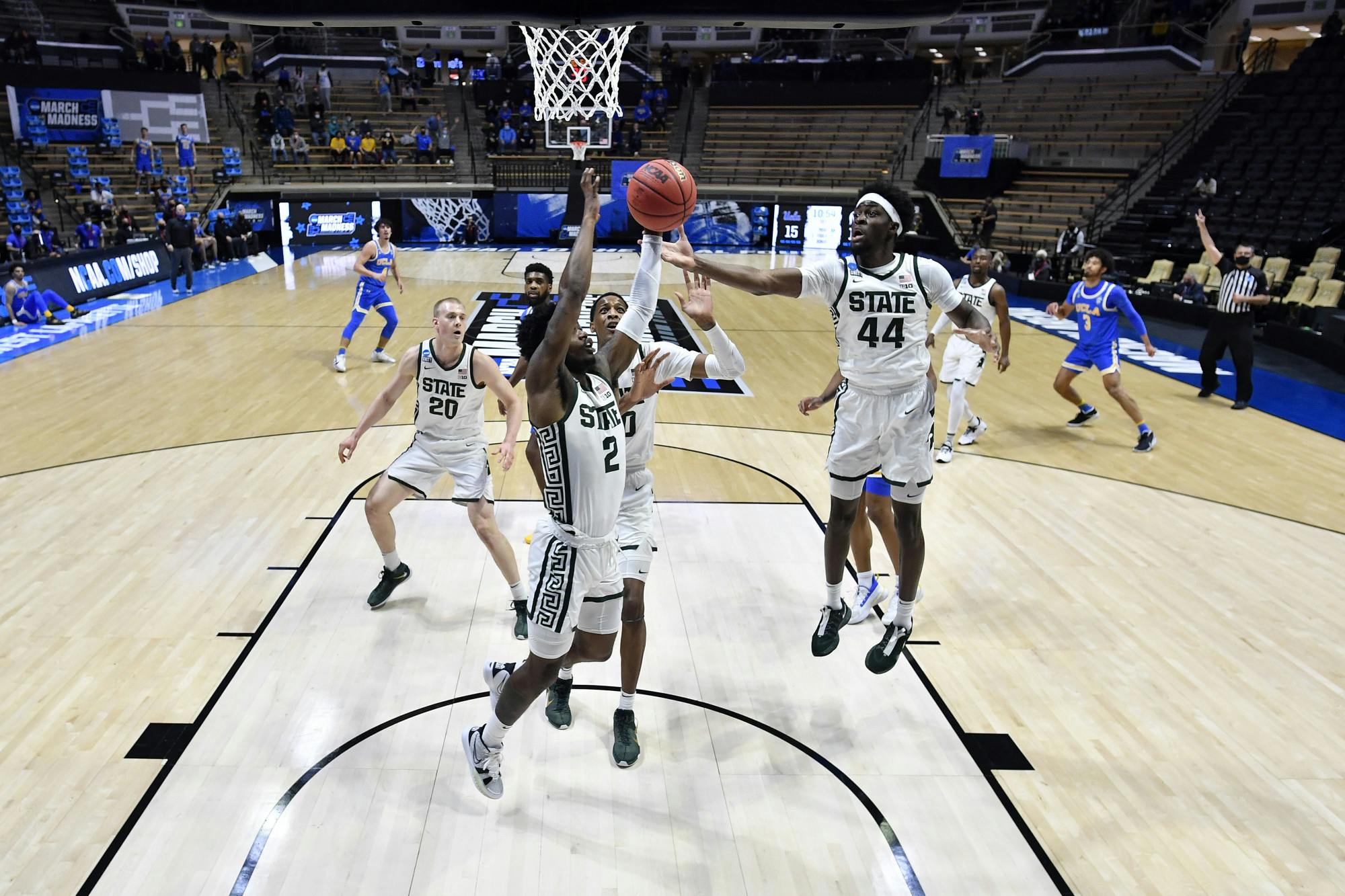 <p>WEST LAFAYETTE, IND. — MARCH 18: Gabe Brown (44) of the Michigan State Spartans grabs a rebound against the UCLA Bruins in the First Four round of the 2021 NCAA Division I Men’s Basketball Tournament held at Mackey Arena. (Photo by Andy Hancock/NCAA Photos via Getty Images)</p>