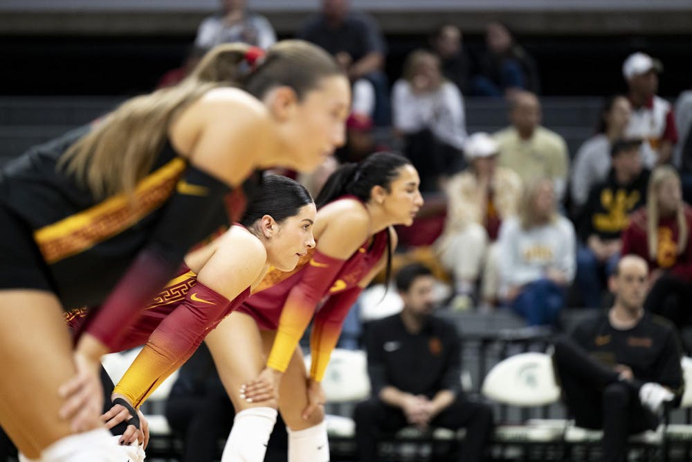 USC players line up to receive the serve during the match against Michigan State at the Breslin Center on Wednesday, Nov. 26, 2025.