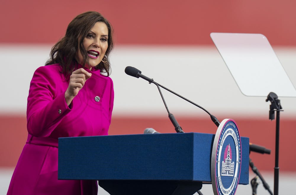 <p>Gov. Gretchen Whitmer addresses the crowd during the 2023 Gubernatorial Inauguration on Sunday, Jan. 1, 2023, at the Michigan State Capitol.</p>