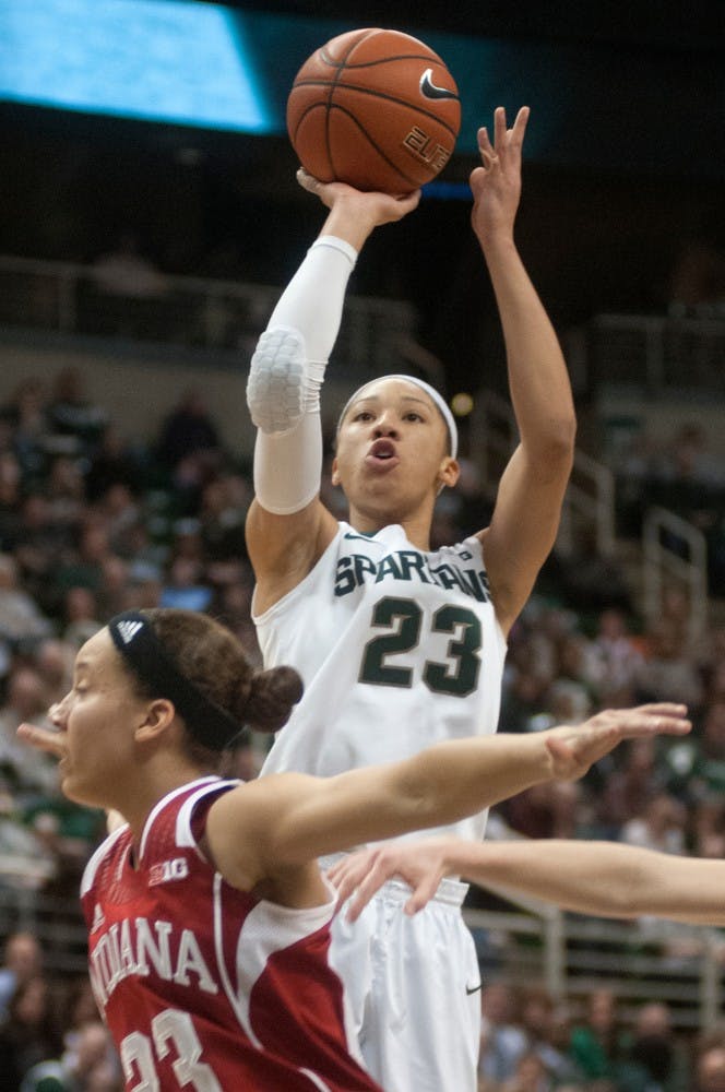 <p>Freshman guard Aerial Powers shoots during the game against Indiana on March 2, 2014. The Spartans lead 38-26. Julia Nagy/The State News</p>