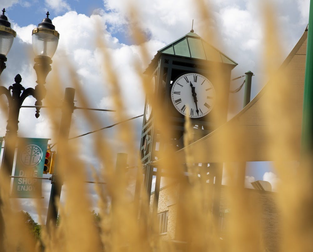 <p>The East Lansing clock tower photographed on Aug. 23, 2019. </p>