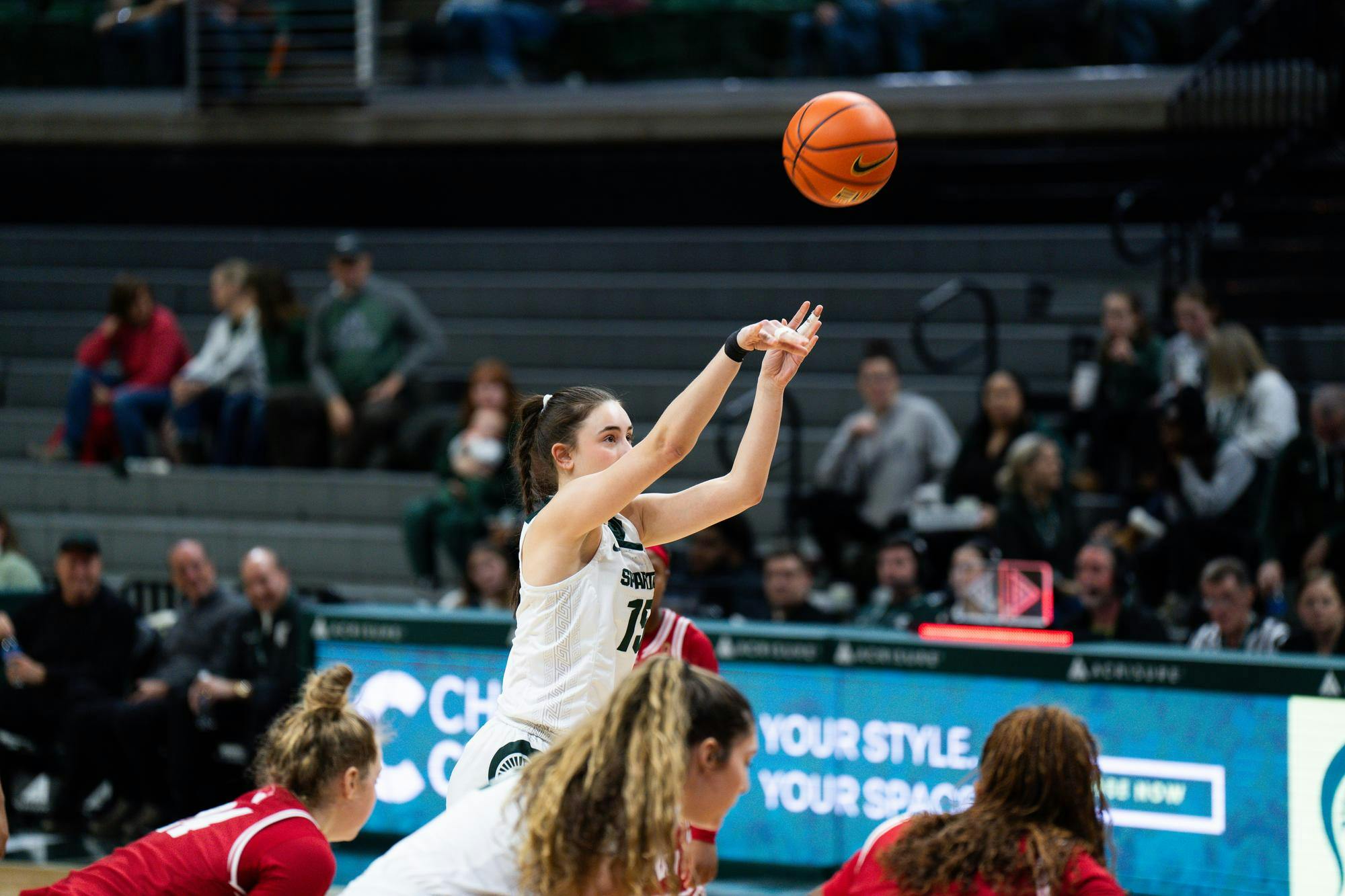 <p>Ines Sotelo, 15, shoots a free throw against Wisconsin on Feb. 12, 2025. Sotelo made the throw, getting a point for MSU.</p>