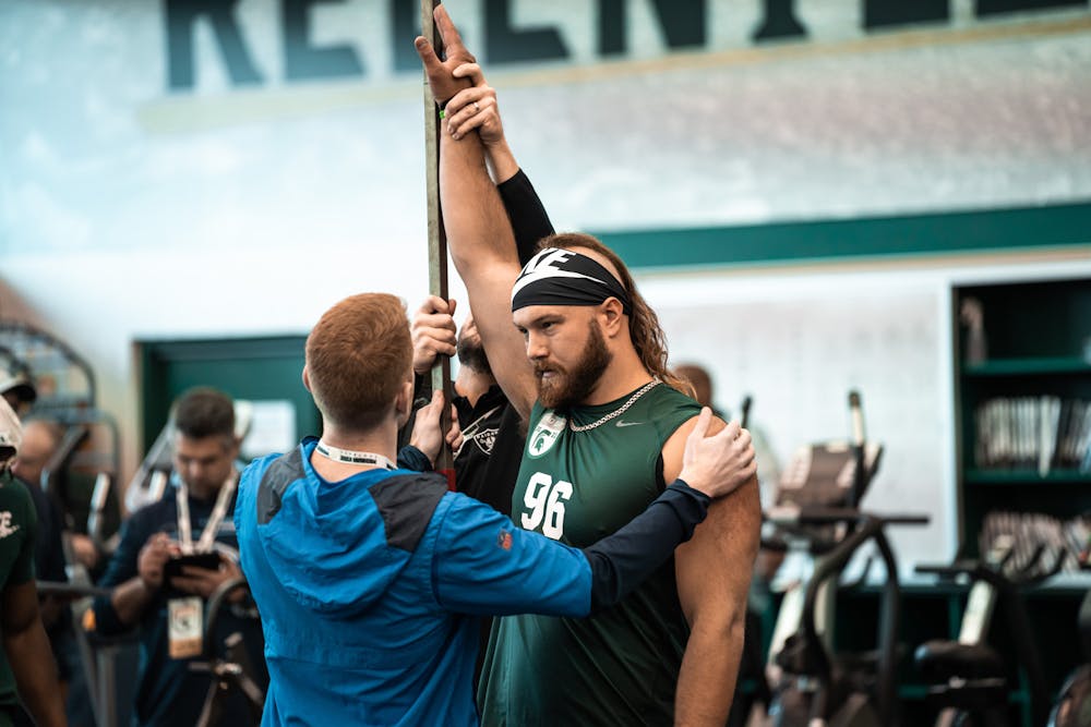 <p>Michigan State redshirt senior Jacub Panasiuk getting lined up for his vertical jump, on Mar. 16, 2022 at the Duffy Daugherty Indoor Football Building.</p>