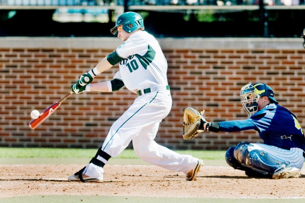 Junior infielder Ryan Jones makes a bat on one of his five appearances at bat on Saturday afternoon at McLane Baseball Stadium at Old College Field during the second of the three-game series against Michigan, which he had no run. The team fell to the Wolverines on Saturday afternoon by 4-3. Justin Wan/The State News