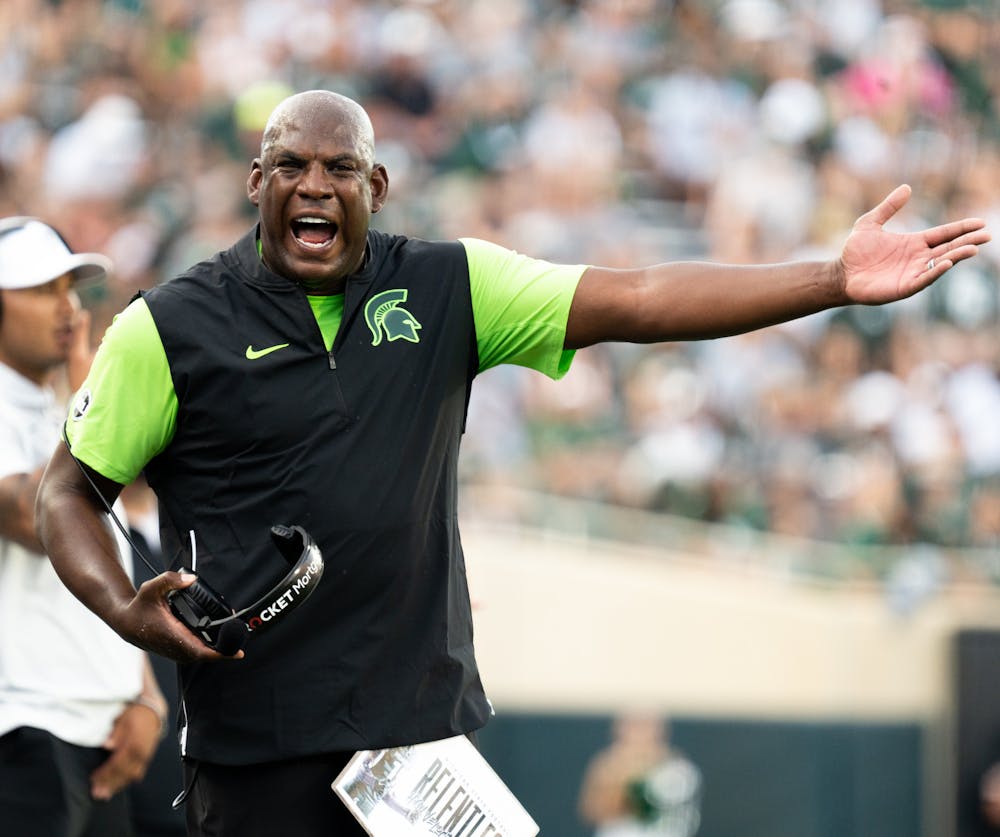 MSU football Head Coach Mel Tucker yells at the referee during a game against Akron at the Spartan Stadium on Sept. 10, 2022. The Spartans beat the Zips with a score 52 to 0. 