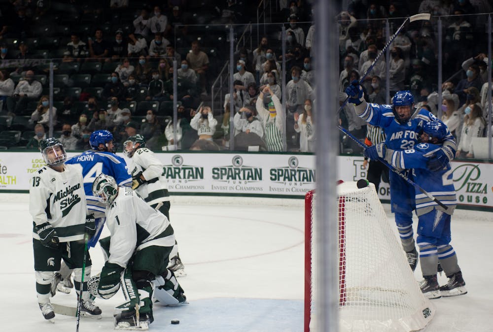 Air Force celebrates after scoring the winning goal in overtime against Michigan State on Oct. 8, 2021.