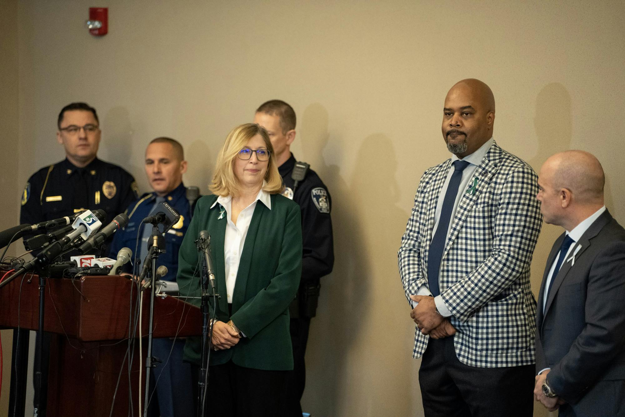 <p>Interim President Teresa Woodruff with Law Enforcement prior to the beginning of their press conference on Feb. 16, 2023.</p>