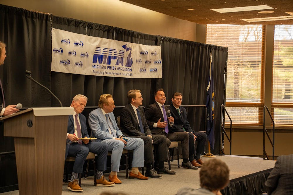 The candidate line-up during the MPA Gubernatorial Candidate Luncheon at the Kellogg Center in East Lansing, on April 23, 2026.