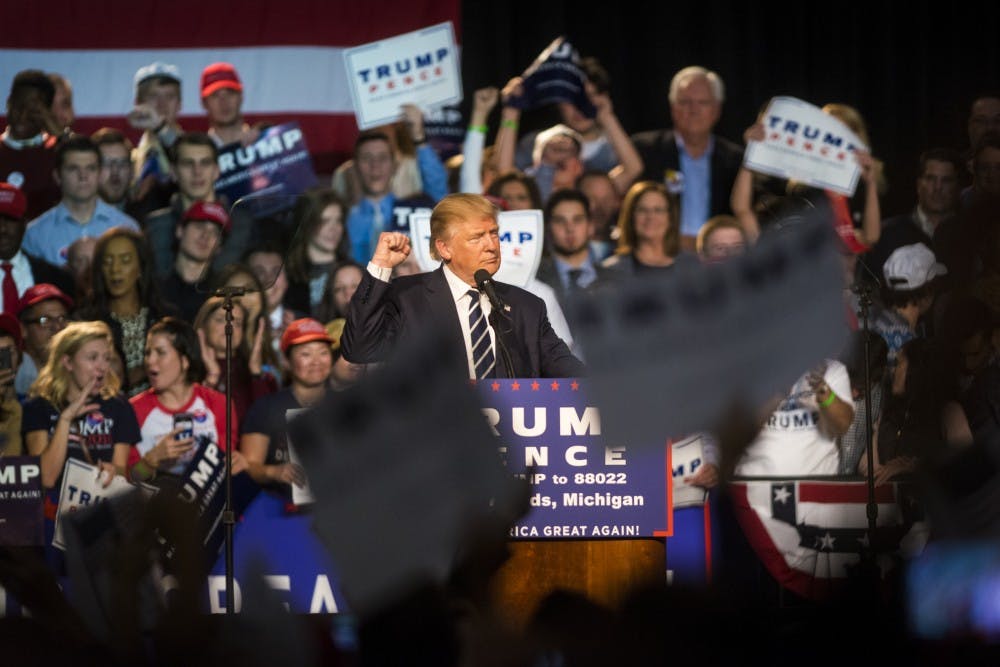 Republican presidential nominee Donald Trump gives a speech on Nov. 7, 2016 at DeVos Place Convention Center in Grand Rapids, Mich. The DeVos Place Convention Center was Trump's last stop for the 2016 election season.