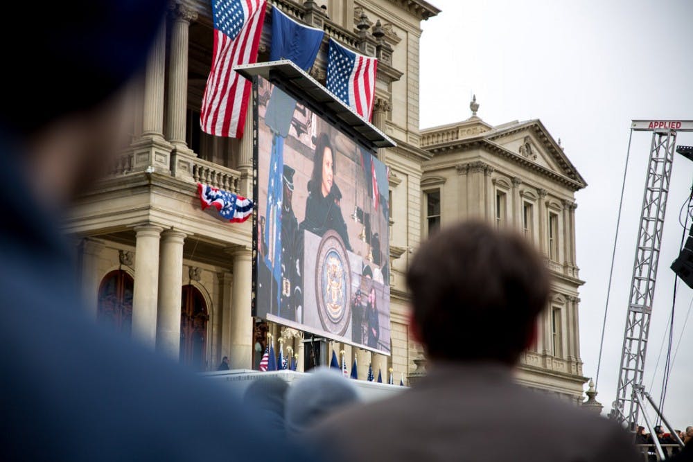 People listen to Gretchen Whitmer's speech during the 2019 Inaugural swearing-in ceremony on Jan. 1 at the Michigan State Capitol Lawn. Whitmer will be serving as Michigan's 49th governor.