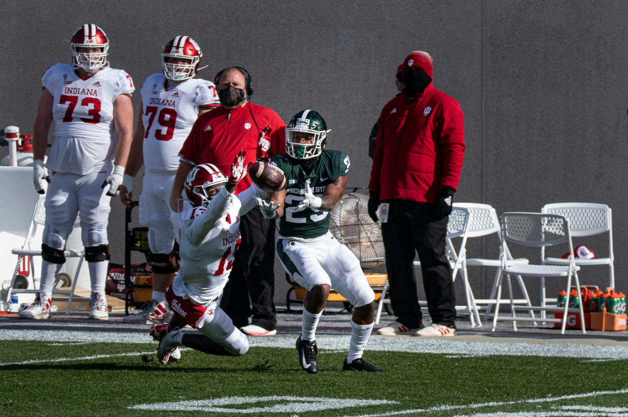 Cornerback, Shakur Brown (29) intercepts a Hoosier pass meant for Indiana wide reciever, Miles Marshal (13).