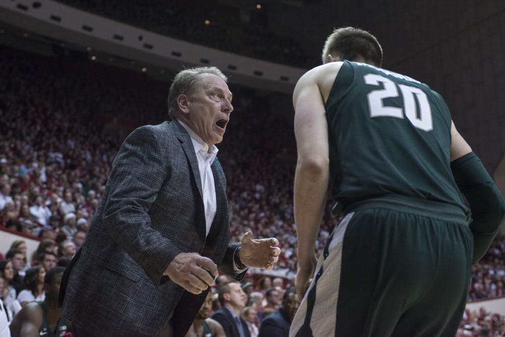 <p>Head Coach Tom Izzo gives advice to junior guard Matt McQuaid (20) during the game against Indiana on Feb. 3, 2018 at Simon Skjodt Assembly Hall. The Spartans beat the Hoosiers 63-60 (C.J. Weiss | The State News)&nbsp;</p>