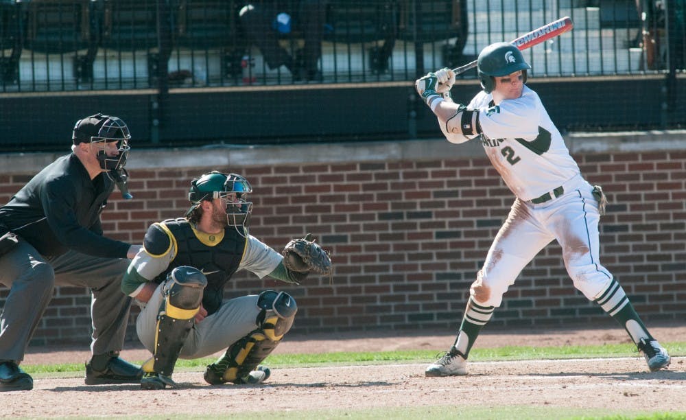 Freshman infield Marty Bechina waits for the pitch during the game against Oregon on April 1, 2016 at McLane Stadium. The Spartans defeated the Ducks 3-2.