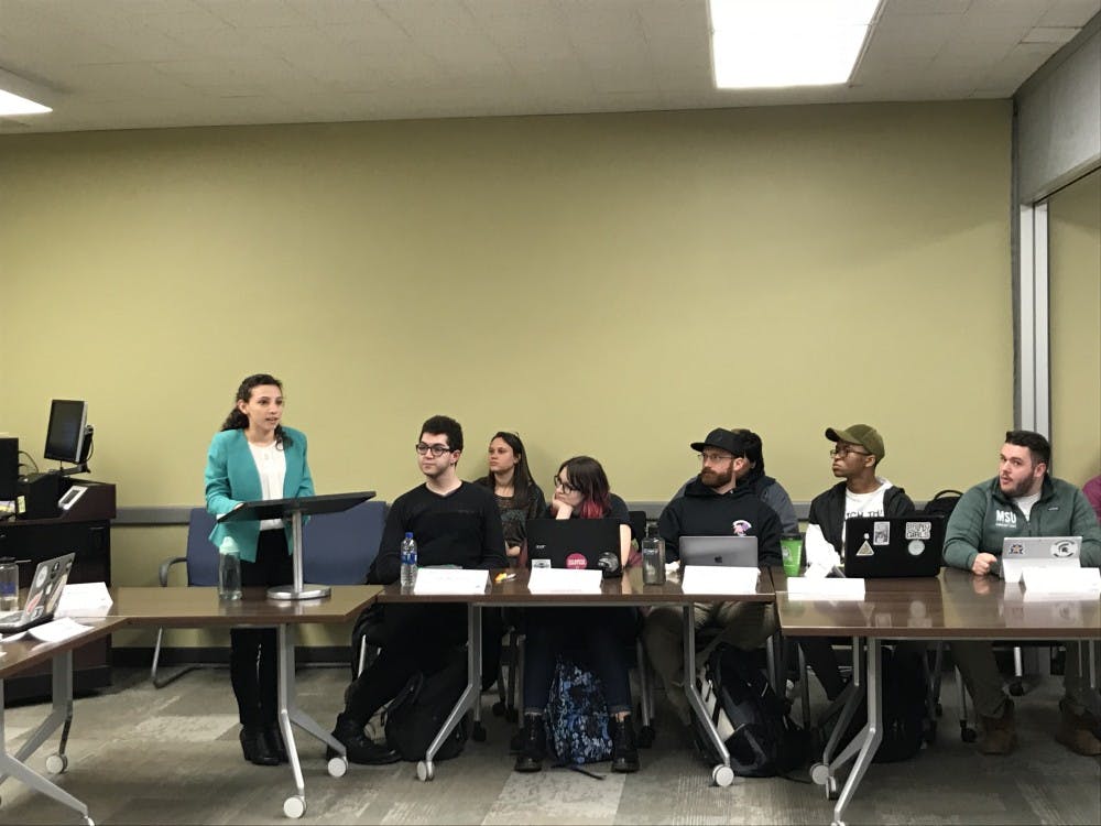 Political theory and constitutional democracy junior Katherine "Cookie" Rifiotis speaks to the Associated Students of Michigan State University on April 18, 2018. Rifiotis has become the organization's newest student body president.