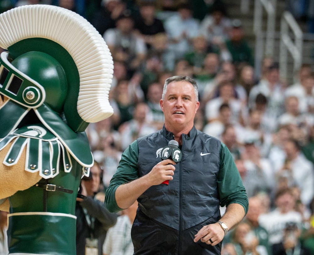 <p>New MSU football head coach Pat Fitzgerald addresses the crowd during the matchup against the University of Iowa at the Breslin Center on Dec. 2, 2025.</p>