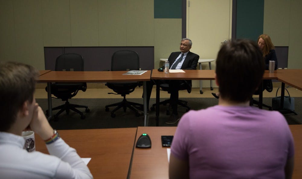 Interim President of Michigan State University Satish Udpa sits down with the State News Editorial Board at the State News office April 17, 2019.