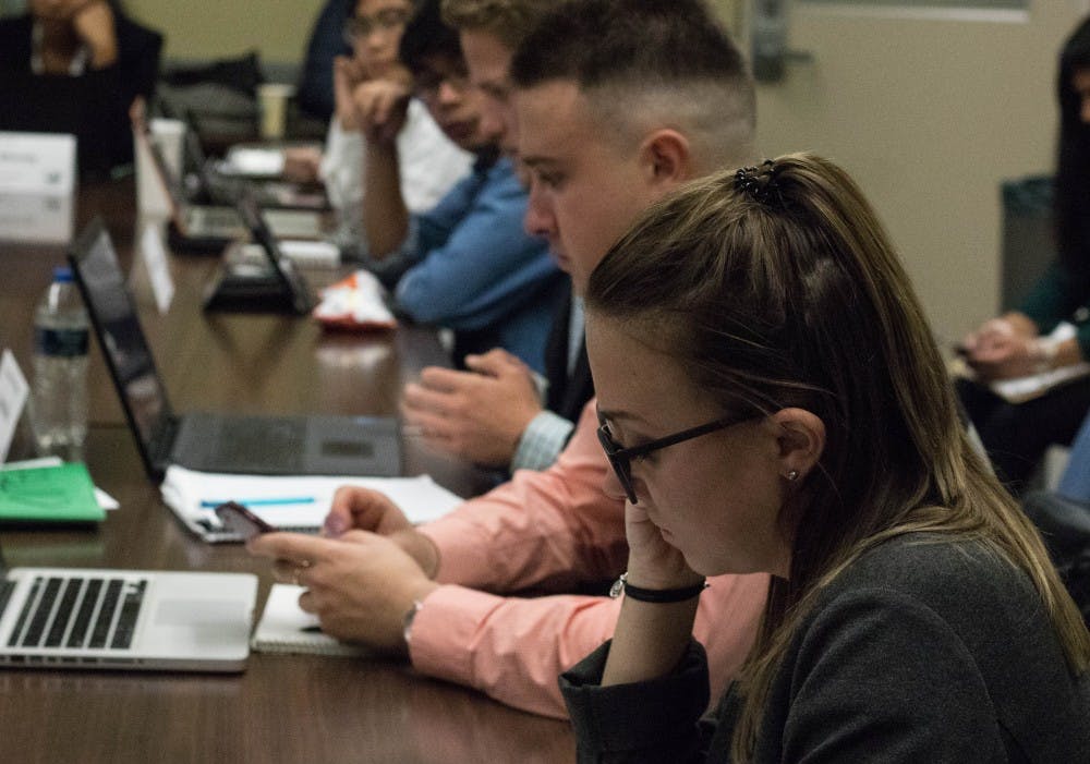 The General Assembly listens to other members during the ASMSU meeting at the Student Service Building on Oct. 25, 2018.