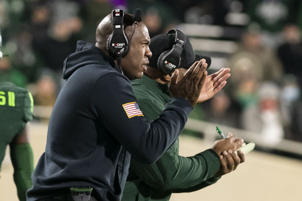 <p>Head Coach Mel Tucker during the game against Maryland on Nov. 13, 2021, at Spartan Stadium.</p>