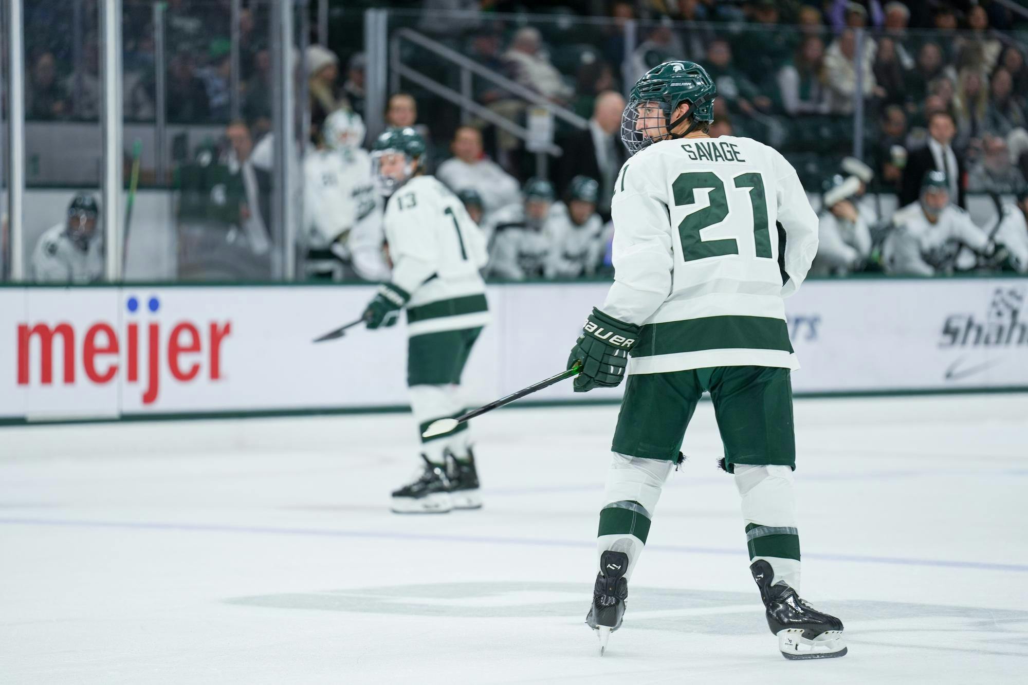 Junior forward Red Savage (21) during a game against Canisius at Munn Ice Arena on Oct. 19, 2023. The Spartans beat the Griffins 6-3 in one of a two-game series.